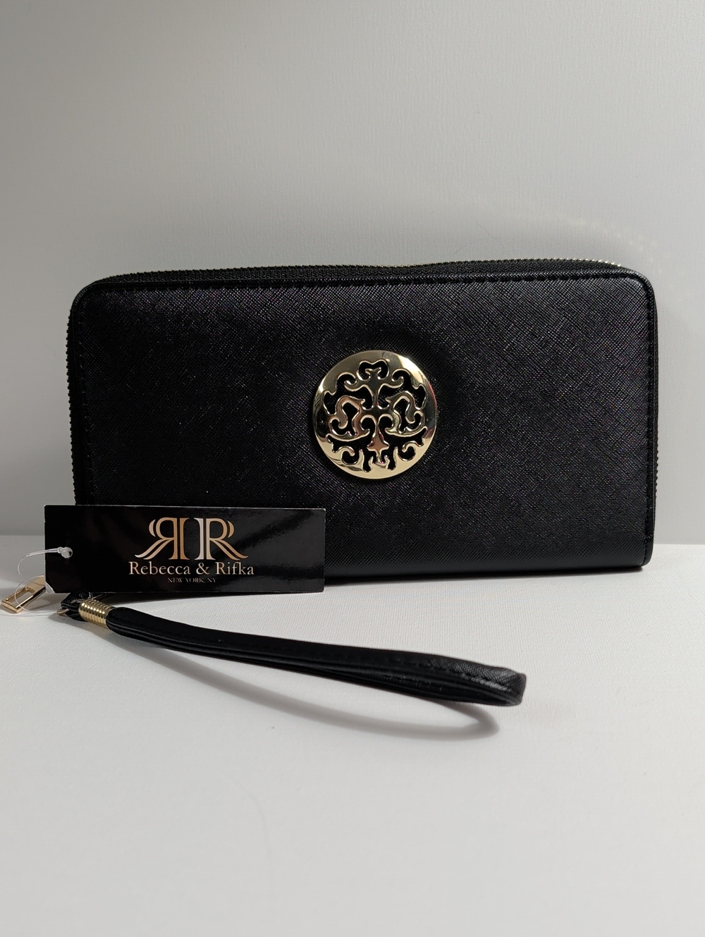 Rebecca & Rifka Black Vegan Saffiano Leather Medallion Zip-Around Wristlet